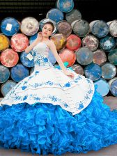 Glamorous Blue And White Halter Top Lace Up Appliques and Embroidery and Ruffles 15 Quinceanera Dress Sleeveless
