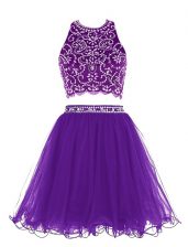 Clearance Scoop Purple Sleeveless Beading Mini Length Prom Dresses
