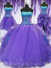 Luxurious Four Piece Floor Length Lavender Sweet 16 Dresses Organza Sleeveless Embroidery and Ruffles