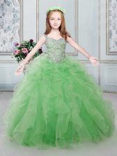  Straps Lace Up Child Pageant Dress Beading and Ruffles Sleeveless Floor Length