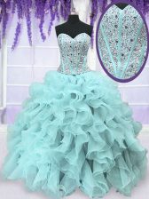 Eye-catching Sweetheart Sleeveless Quinceanera Gown Floor Length Beading and Ruffles Light Blue Organza