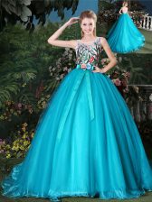 Graceful Teal Ball Gowns Organza Scoop Sleeveless Appliques and Belt Zipper 15 Quinceanera Dress Brush Train