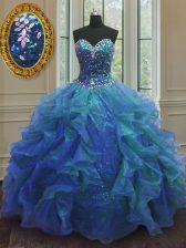 Unique Blue Sweetheart Lace Up Beading and Ruffles Vestidos de Quinceanera Sleeveless
