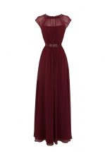 Fantastic Scoop Cap Sleeves Chiffon Floor Length Zipper Prom Dresses in Burgundy with Beading