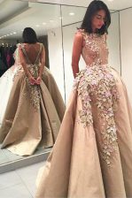  Floor Length Champagne Homecoming Dress Bateau Sleeveless Backless