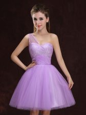  One Shoulder Mini Length A-line Sleeveless Lilac Court Dresses for Sweet 16 Lace Up