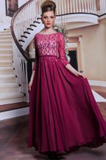 Stylish Sequins Bateau 3 4 Length Sleeve Zipper Dress for Prom Fuchsia Chiffon