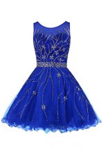 Excellent Royal Blue Sleeveless Knee Length Beading Zipper 