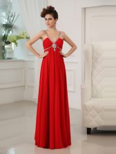  Red V-neck Zipper Beading and Ruching Sleeveless