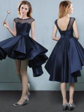 Latest Bateau Cap Sleeves Satin Damas Dress Appliques Lace Up