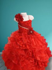Dazzling Red Asymmetric Lace Up Beading and Ruffles and Hand Made Flower Flower Girl Dresses Sleeveless