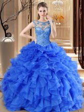 Great Royal Blue Sweet 16 Dresses Military Ball and Sweet 16 and Quinceanera with Beading and Ruffles Scoop Sleeveless Lace Up