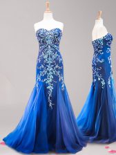 Shining Mermaid Sweetheart Sleeveless Brush Train Beading and Appliques Royal Blue Tulle