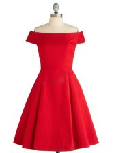 Exceptional Red A-line Satin Off The Shoulder Sleeveless Ruching Knee Length Zipper Prom Dress