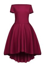  Burgundy Satin Side Zipper Short Sleeves Tea Length Ruching