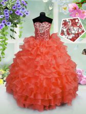 New Arrival Coral Red Lace Up Little Girls Pageant Dress Wholesale Ruffled Layers and Sequins Sleeveless Floor Length