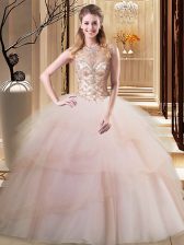  Scoop Sleeveless Beading and Ruffled Layers Lace Up Sweet 16 Dress with Peach Brush Train