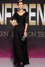 Dazzling Scoop Black Half Sleeves Lace and Ruching Floor Length Prom Evening Gown