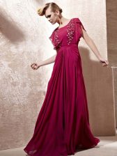  Fuchsia Zipper Scoop Beading Prom Dresses Chiffon Cap Sleeves