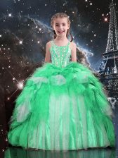  Apple Green Organza Lace Up Spaghetti Straps Sleeveless Floor Length Girls Pageant Dresses Beading and Ruffles