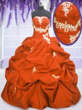 Super Floor Length Lace Up Quinceanera Dress Orange Red for Military Ball and Sweet 16 and Quinceanera with Appliques and Pick Ups