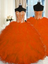  Red Lace Up Sweetheart Beading and Ruffles Ball Gown Prom Dress Organza Sleeveless