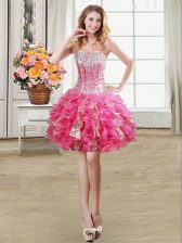 Stunning Hot Pink Ball Gowns Organza Sweetheart Sleeveless Beading and Ruffles and Sequins Mini Length Lace Up Prom Gown