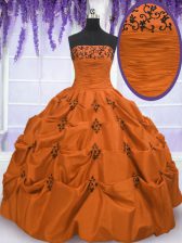  Orange Red Taffeta Lace Up Quinceanera Dresses Sleeveless Floor Length Embroidery and Pick Ups