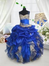Customized Blue and Champagne Ball Gowns Organza Spaghetti Straps Sleeveless Beading and Ruffles and Pick Ups Floor Length Lace Up Girls Pageant Dresses