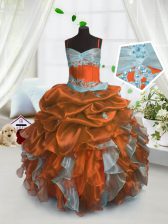 Beautiful Organza Spaghetti Straps Sleeveless Lace Up Beading and Ruffles and Pick Ups Kids Formal Wear in Rust Red