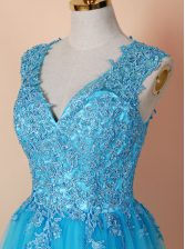  Blue V-neck Zipper Beading and Appliques Prom Gown Sleeveless