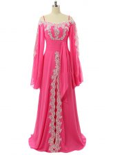 Cheap Hot Pink A-line Spaghetti Straps Long Sleeves Chiffon Sweep Train Zipper Lace and Sequins Prom Gown