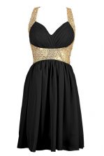  Black Sleeveless Knee Length Sequins Criss Cross Prom Dresses