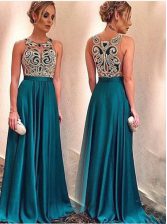 Customized Scoop Floor Length A-line Sleeveless Teal Prom Dresses Zipper