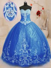 Stunning Sleeveless Tulle Floor Length Lace Up Sweet 16 Dresses in Blue with Beading and Appliques