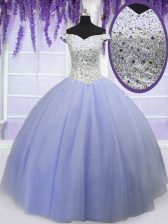  Lavender Off The Shoulder Lace Up Beading Sweet 16 Dresses Short Sleeves