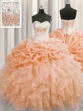  Visible Boning Sleeveless Organza Floor Length Lace Up Quince Ball Gowns in Orange with Beading and Ruffles
