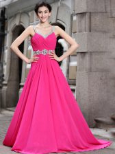 Fashionable Hot Pink Chiffon Zipper Homecoming Dress Sleeveless Brush Train Beading