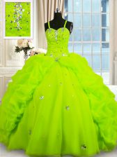Dynamic Sleeveless Floor Length Beading and Pick Ups Lace Up 15 Quinceanera Dress with Yellow Green