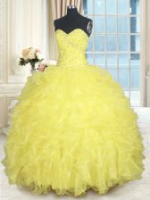 Dynamic Yellow Lace Up Sweet 16 Dresses Beading and Ruffles Sleeveless Floor Length