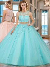 Lovely Scoop Aqua Blue Two Pieces Beading and Appliques Quinceanera Dresses Zipper Tulle Sleeveless Floor Length