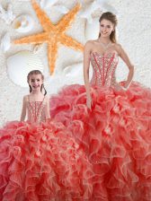 Popular Coral Red Organza Lace Up 15 Quinceanera Dress Sleeveless Floor Length Beading and Ruffles