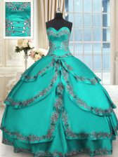 Modern Turquoise Ball Gowns Taffeta Sweetheart Sleeveless Beading and Embroidery and Ruffled Layers Floor Length Lace Up Quince Ball Gowns