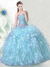 Stunning Floor Length Light Blue Quinceanera Dress Organza Sleeveless Beading and Ruffles