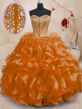 Stunning Beading and Ruffles 15 Quinceanera Dress Orange Lace Up Sleeveless Floor Length
