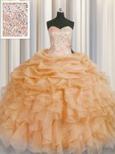 Glittering Organza Sweetheart Sleeveless Lace Up Beading and Ruffles 15th Birthday Dress in Gold
