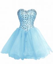 Affordable Baby Blue Ball Gowns Sweetheart Sleeveless Organza Mini Length Lace Up Beading 