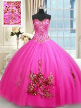 Cheap Hot Pink Sweetheart Lace Up Beading and Appliques and Embroidery Sweet 16 Dresses Sleeveless