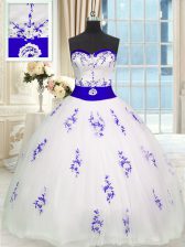 Suitable White Ball Gowns Embroidery and Belt Sweet 16 Quinceanera Dress Lace Up Tulle Sleeveless Floor Length