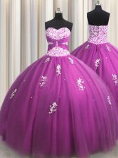 Wonderful Fuchsia Sleeveless Beading and Appliques Floor Length 15th Birthday Dress